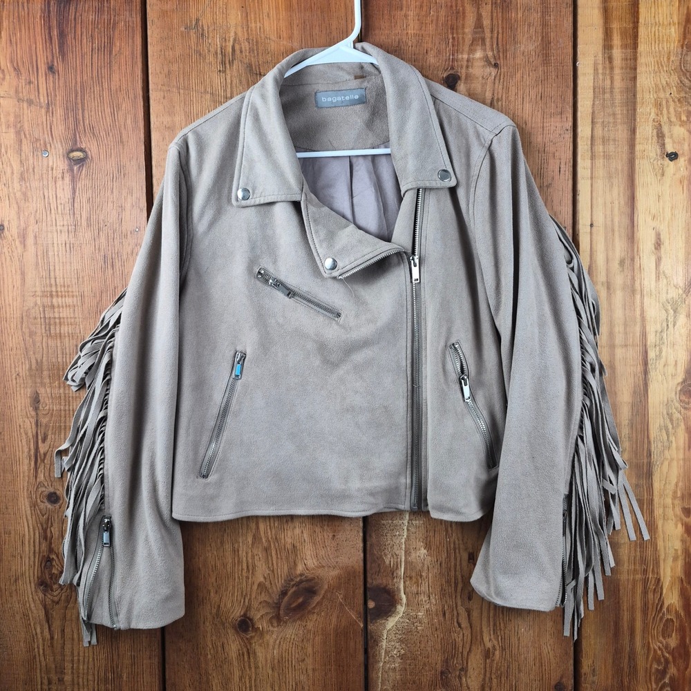 Bagatelle Womens Faux Suede Fringe Moto Jacket Taupe Tan Small/Medium